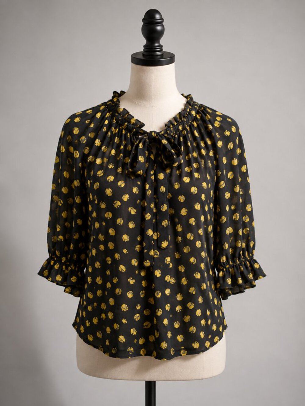 Who What Wear Women's M Black Yellow Tulip Floral Ruffle Tie Blouse Boho Chic